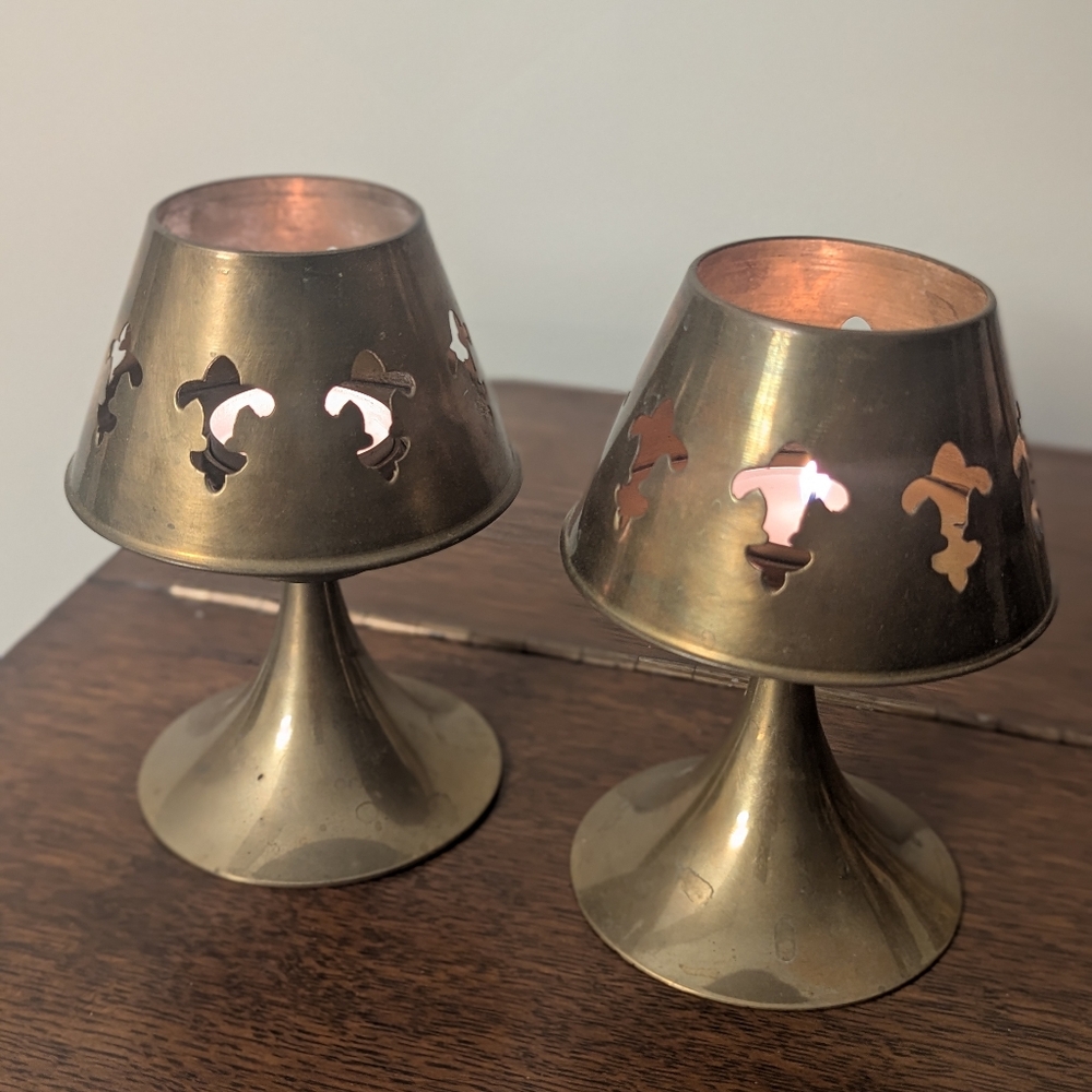 Brass Fleur-de-Lis Tea Light Holders - Made in India - Set of 2